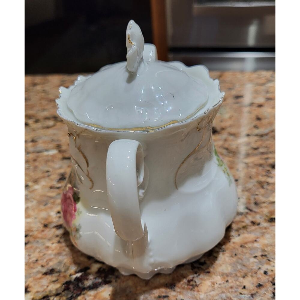 Antique Lehmann Leuchtenburg Germany Sugar Bowl Pink White Roses 2 handle - Picture 4 of 15